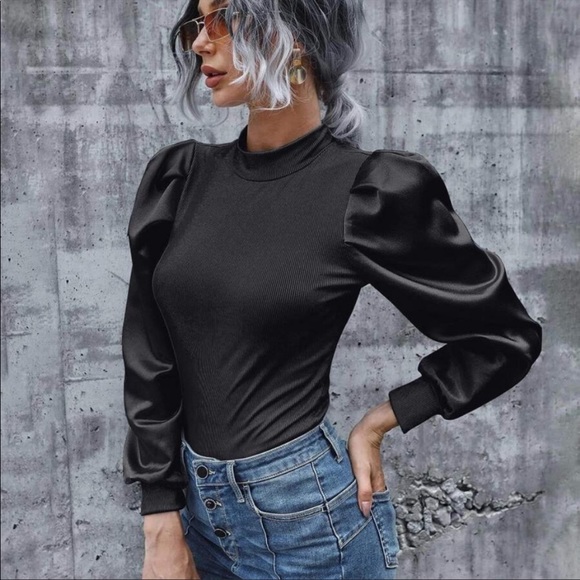 Boho black ribbed knit satin puff sleeve blouse - Picture 2 of 15